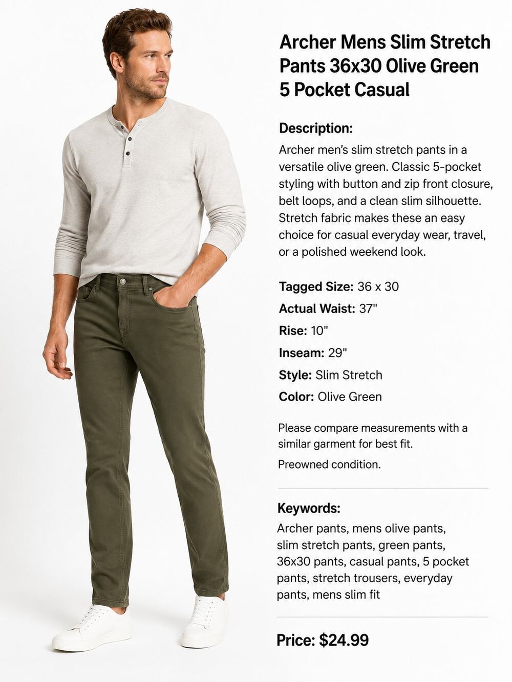 S215 Archer Mens Slim Stretch Pants 36x30 Olive Green 5 Pocket Casual